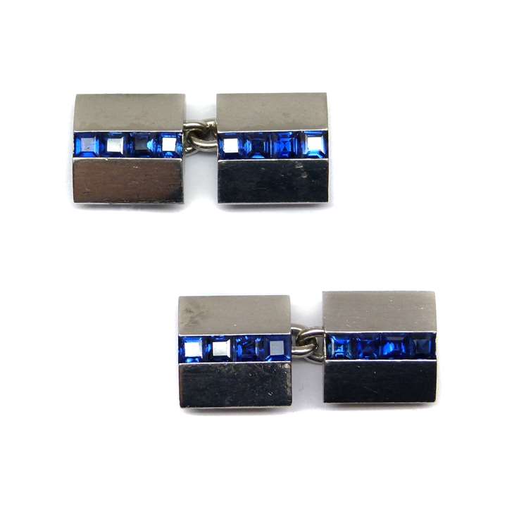 Pair of Art Deco platinum and sapphire square cufflinks
